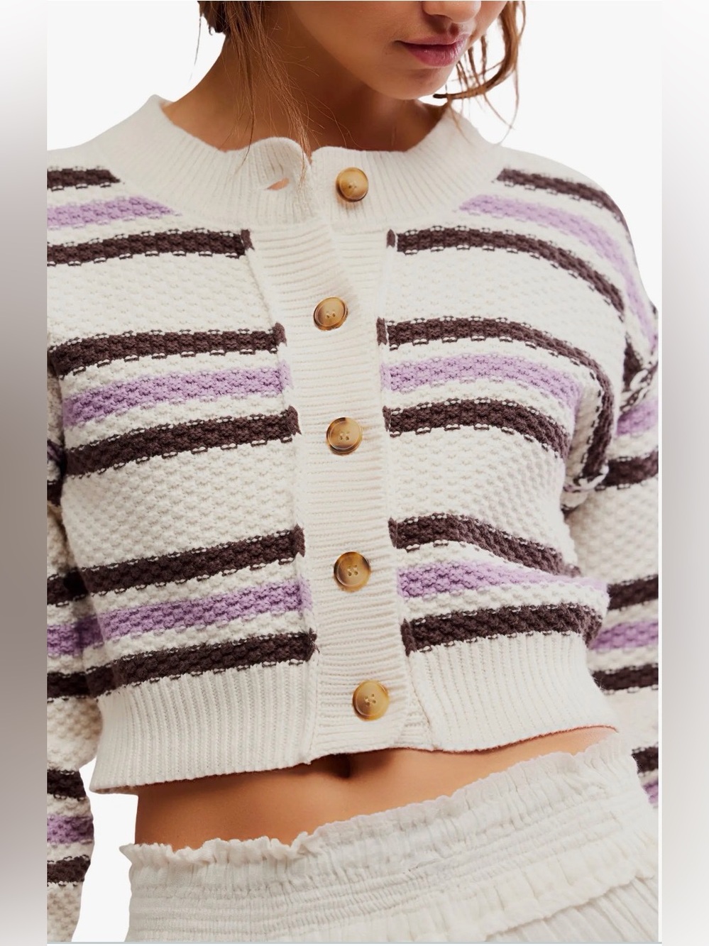 Free People Lila Stripe Cardi Size Large Ivory Combo Cropped Textured Cardigan